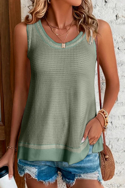 White Scoop Neck Waffle Knit Flowy Vest