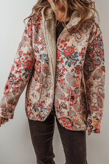 Beige Vintage Paisley Bloemenprint Sherpa Gevoerde Capuchon Jas