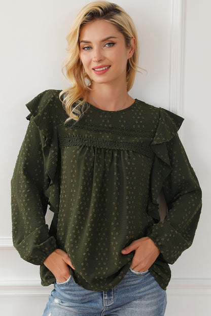 Zwartgroene kanten blouse met ruches op de schouder en lange mouwen