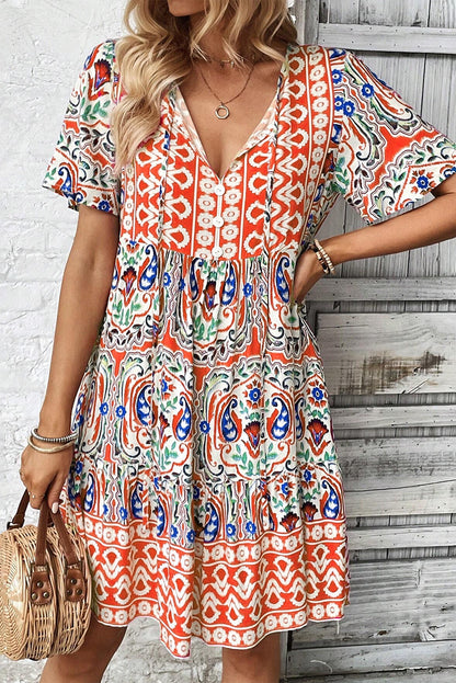 Oranje Bohemian Print Strik Hals Ruffle Zoom Korte Jurk