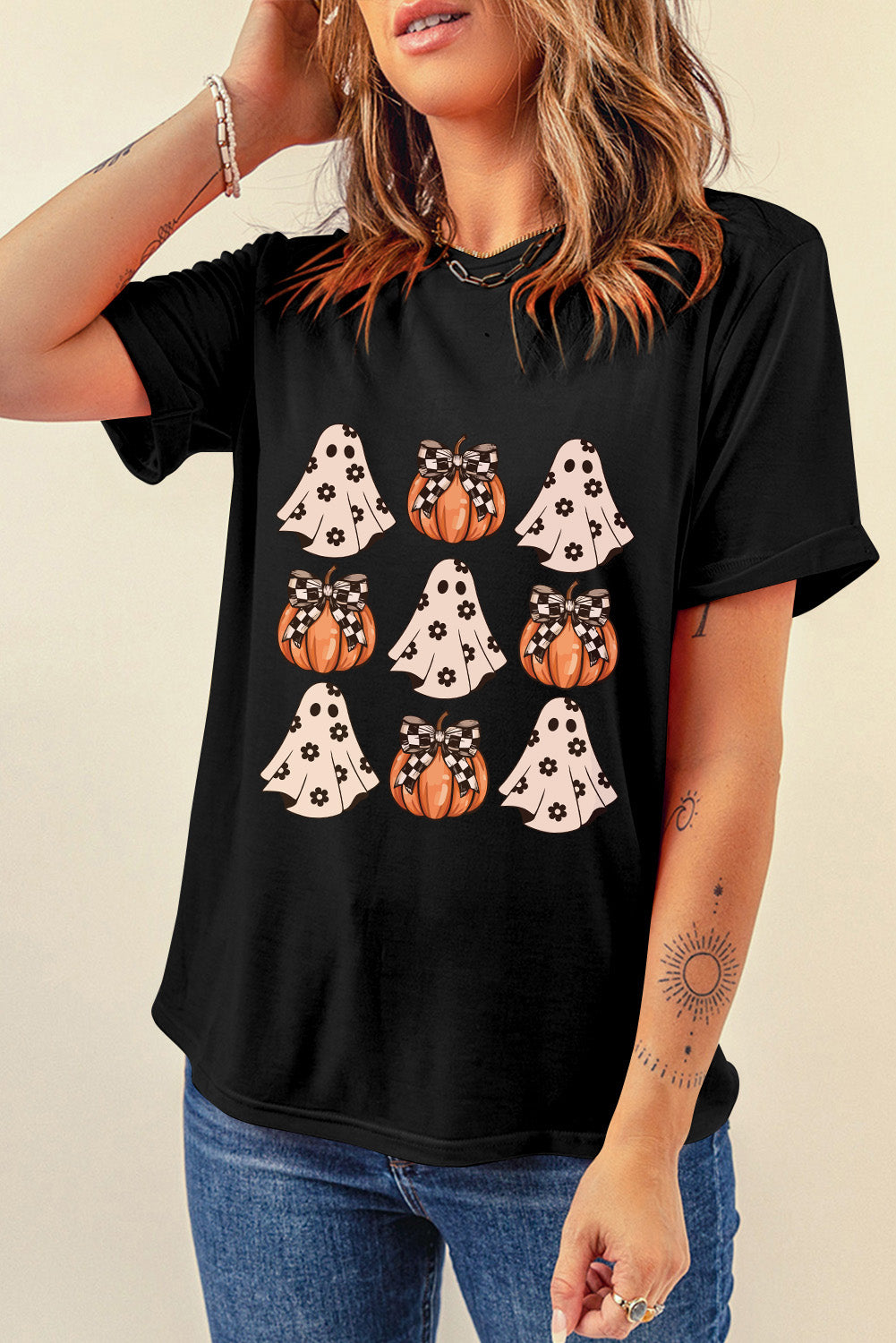 Zwarte Halloween Ghost Pumpkin Print Crew Neck T-shirt