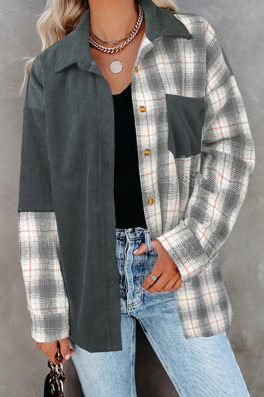 Gray Plaid Color Block Button-up Oversize Corduroy Shacket