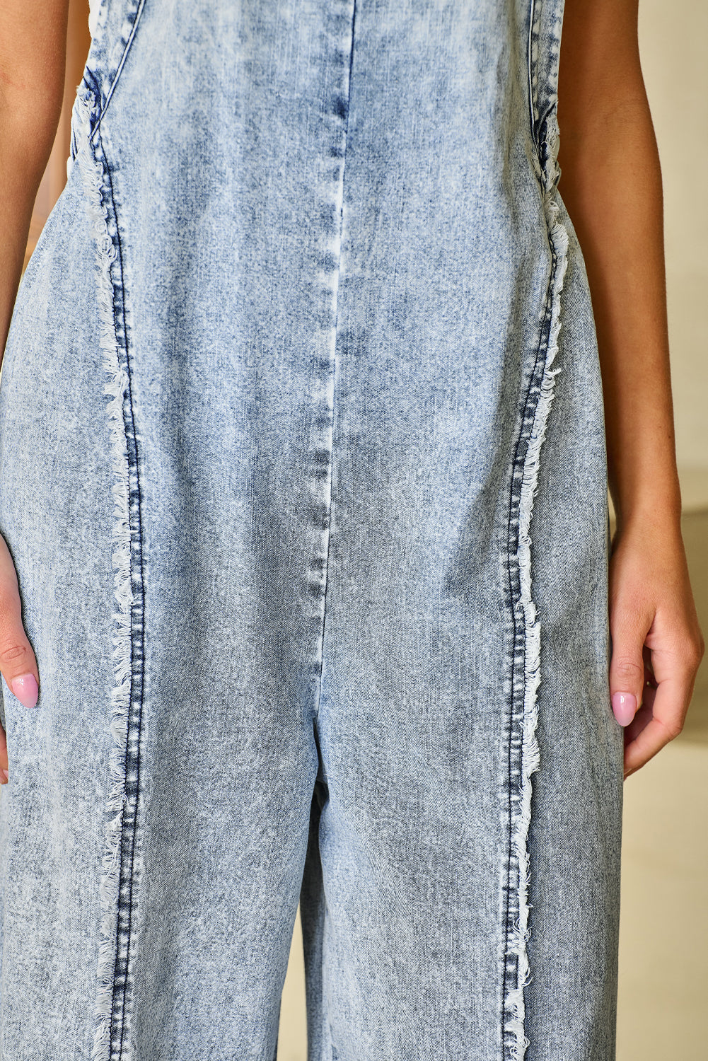 Beau Blue Light Wash Gerafelde zichtbare naad Wijde pijpen denim overall