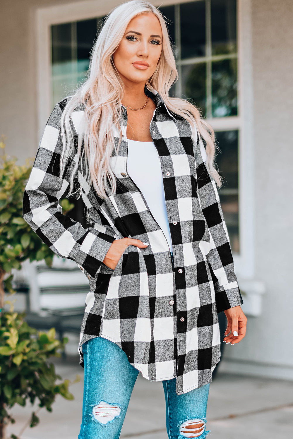 Brown Turn-down Collar Plaid Shirt Coat