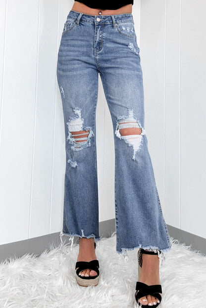 Dusk Blue High Rise Ripped Distressed Zoom Flared Jeans