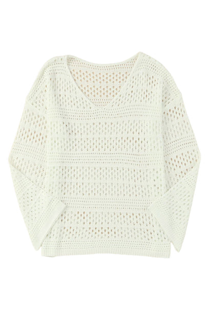 Witte Hollow Out Crochet V-hals Pullover Trui