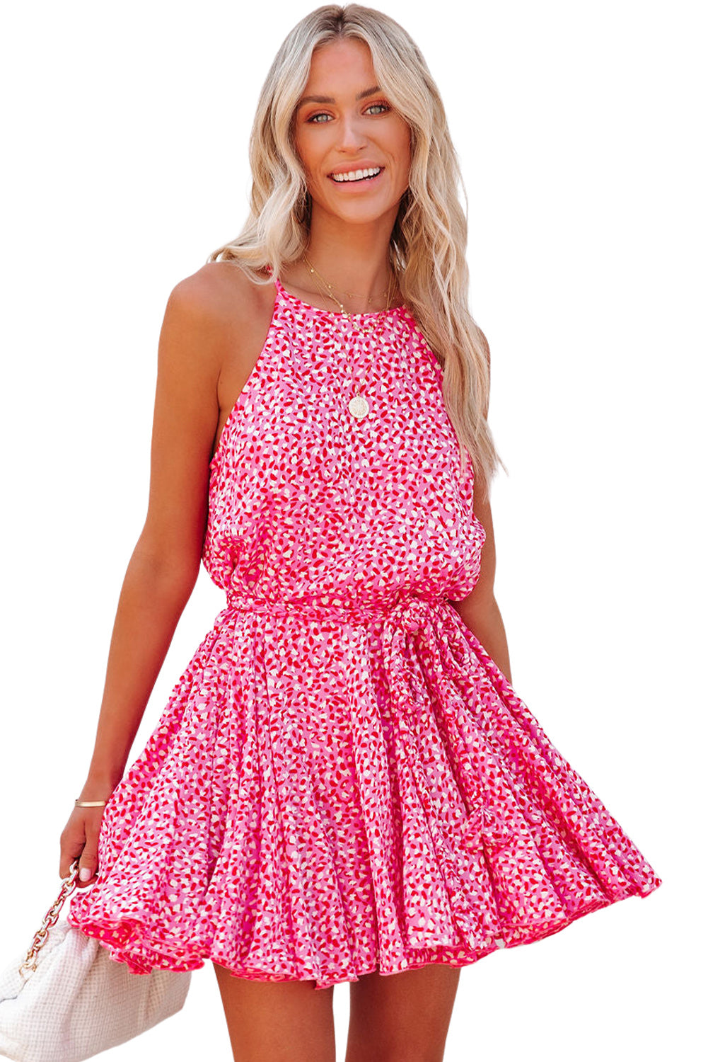 Roze luipaardprint mouwloze mini-jurk met tailleband