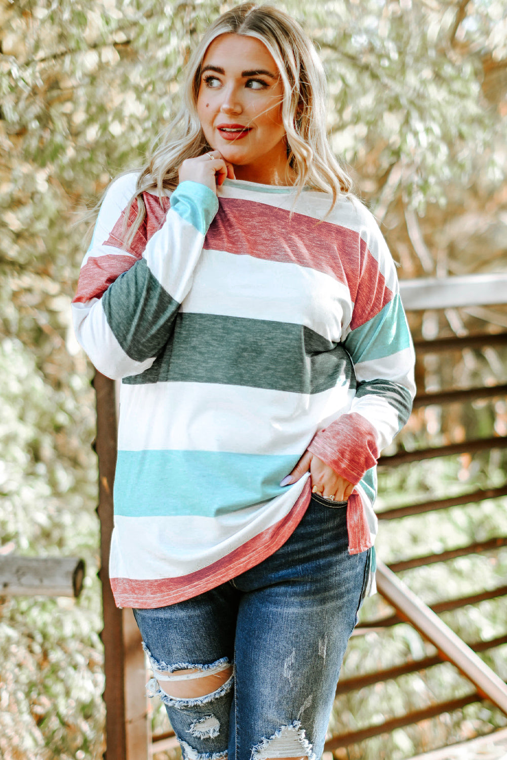 Groene Plus Size Colorblock Pullover Top