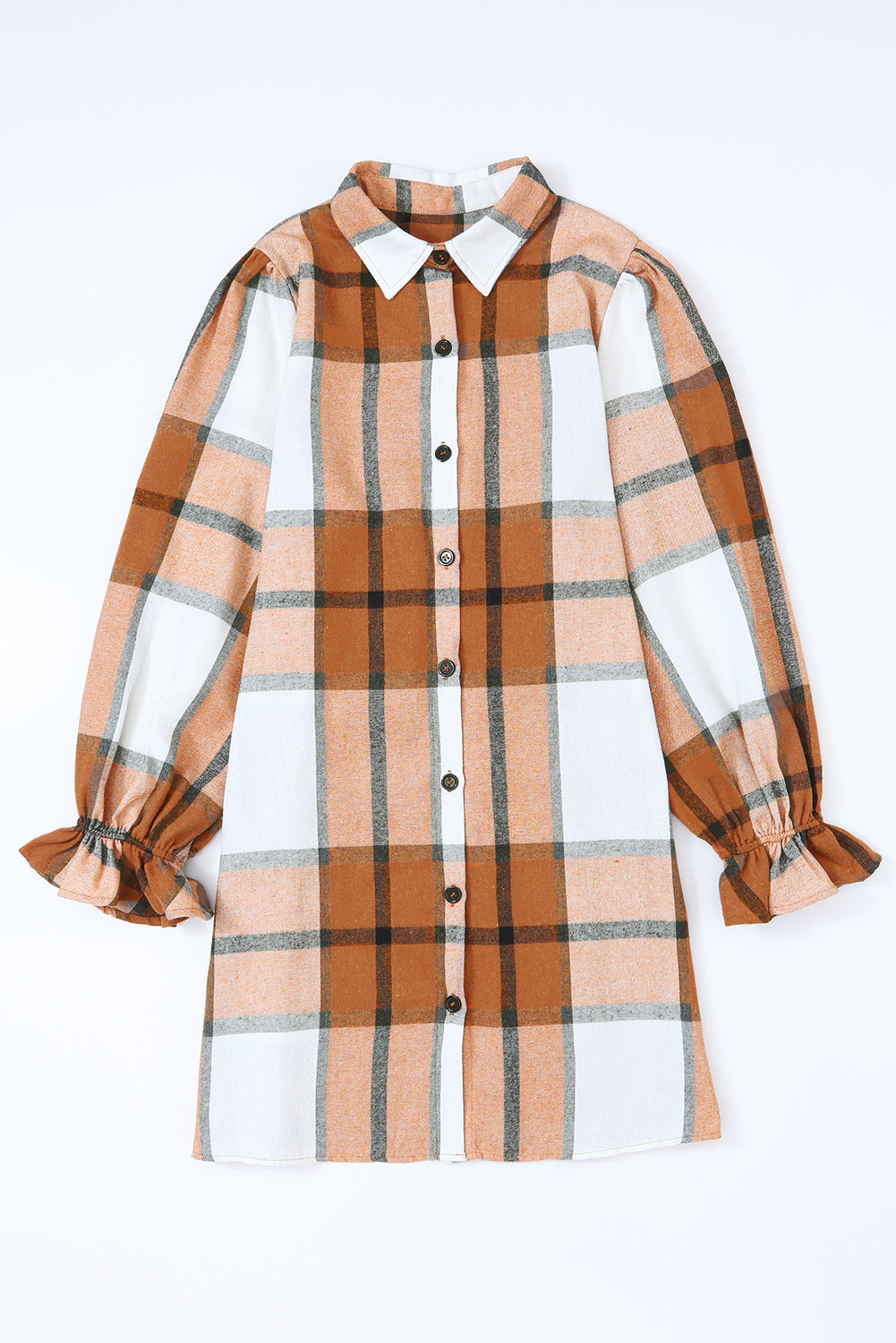 Khaki Plaid-patroon Kraag Hals Ruffle Mouw Shirt Jurk