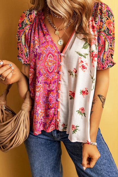 Veelkleurige Boho Bloemen Patchwork Blouse met Korte Mouwen en Knoopjes