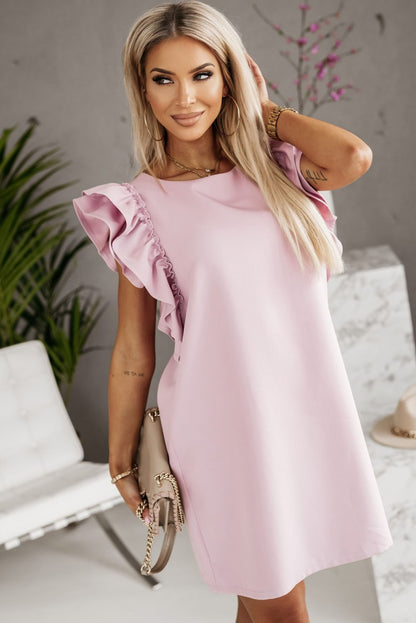 Roze mini-jurk met ronde hals en ruches