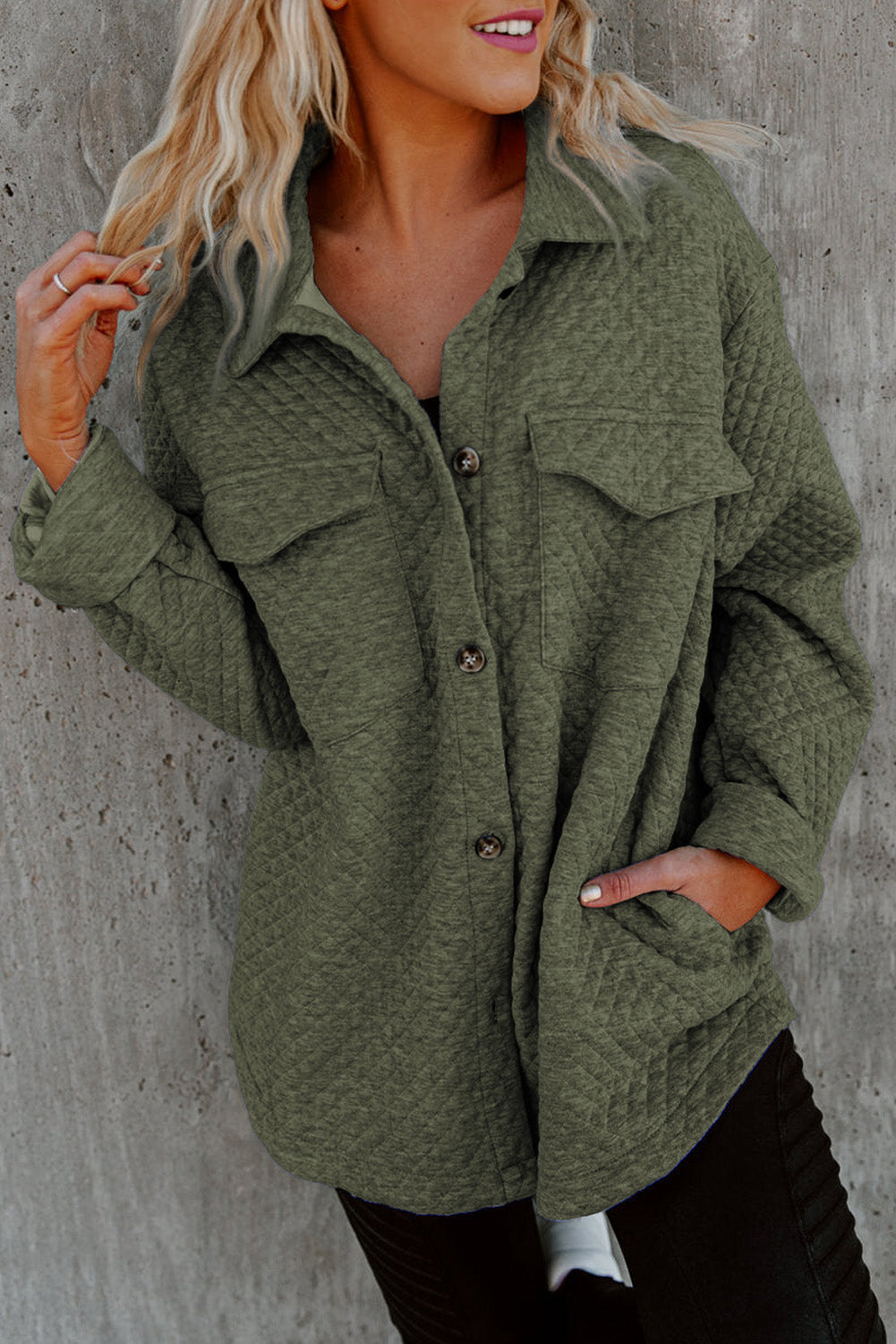 Groene Retro Quilted Flap Pocket Knoop Shacket