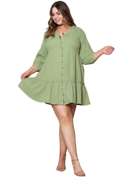 Groene getextureerde geplooide geknoopte V-hals plus-size mini-jurk