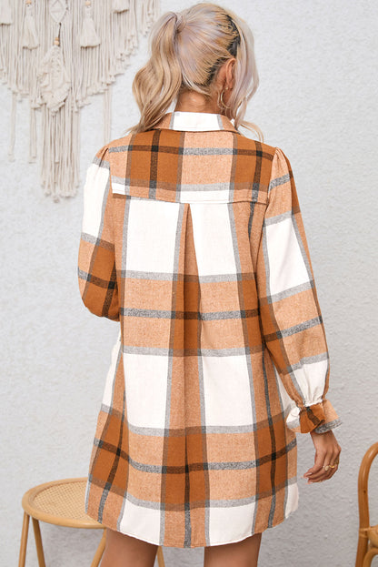 Khaki Plaid-patroon Kraag Hals Ruffle Mouw Shirt Jurk