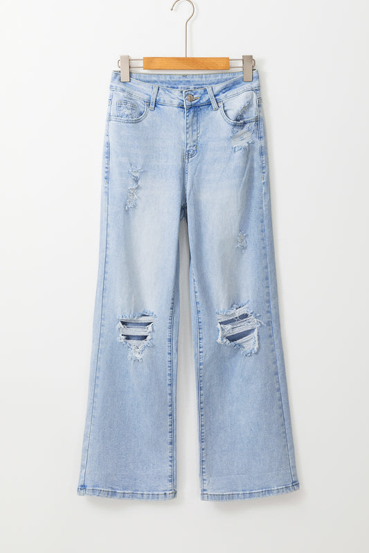 Beau Blue Vintage Lichte Wassing Versleten Flare Jeans