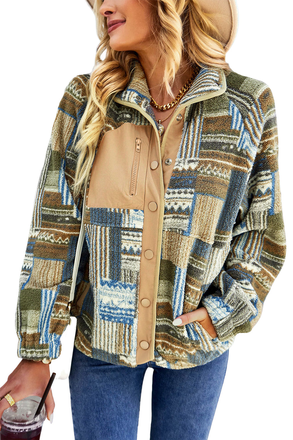 Khaki Western Colorblock Sherpa-jack met drukknopen