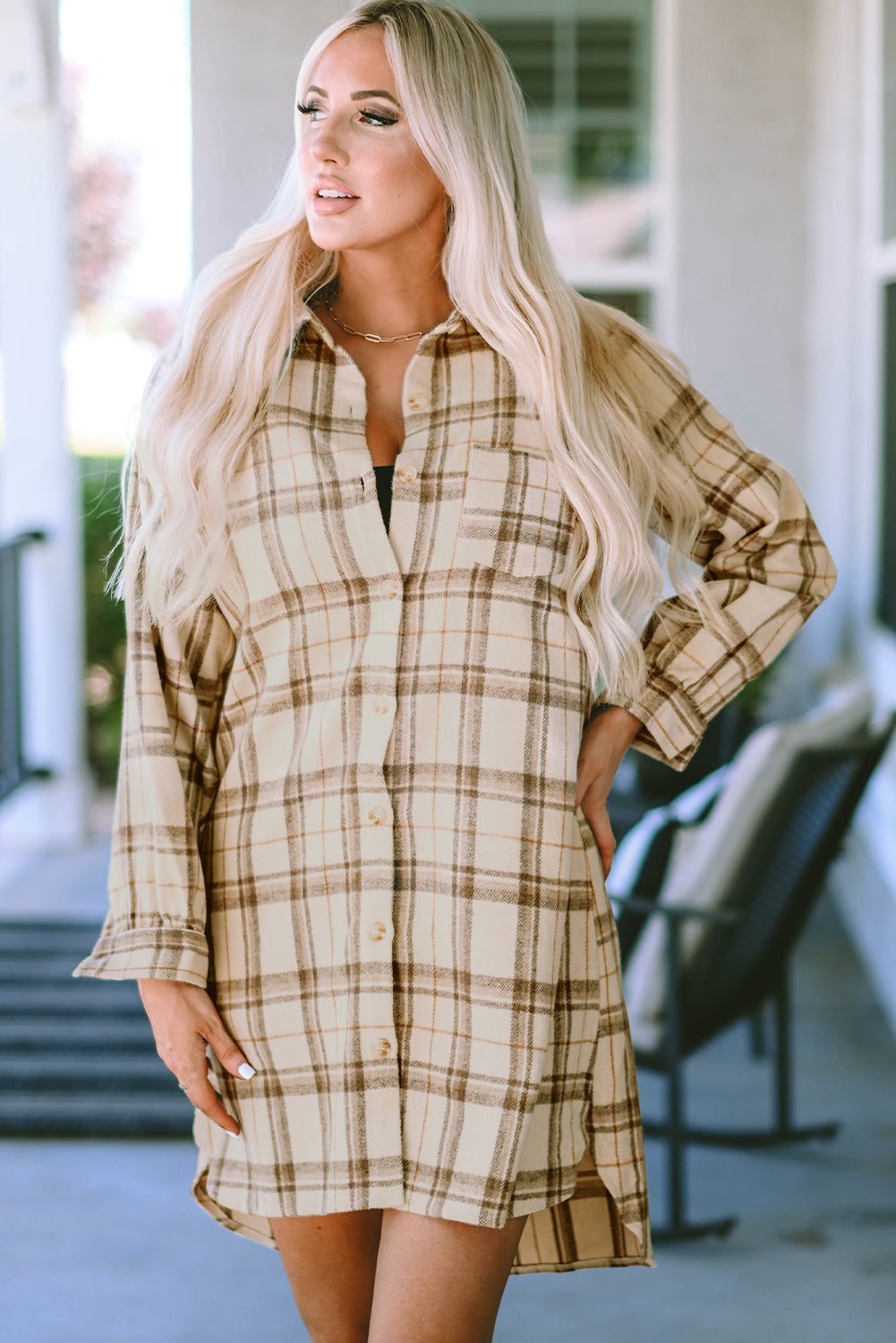 Khaki Western Plaid Button Up Losse Overhemdjurk