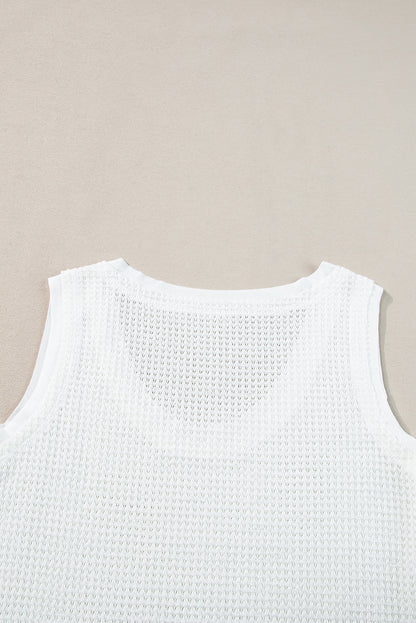 White Scoop Neck Waffle Knit Flowy Vest