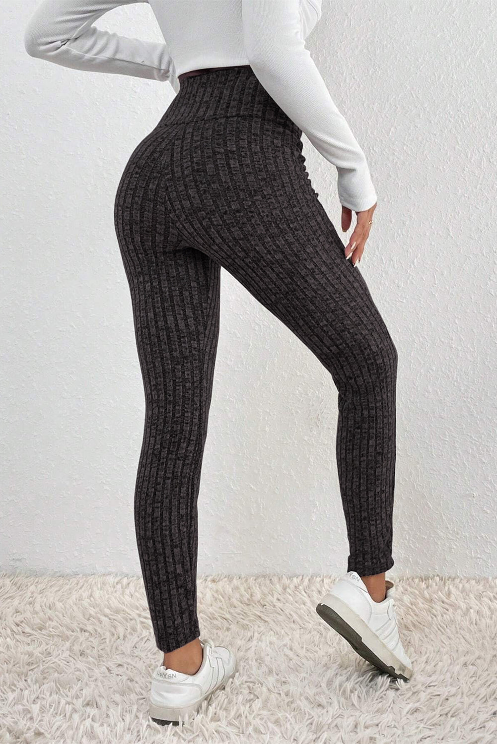 Gray Wide Waistband Ribbed Textured Knit Leggings