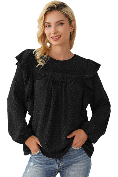 Zwartgroene kanten blouse met ruches op de schouder en lange mouwen