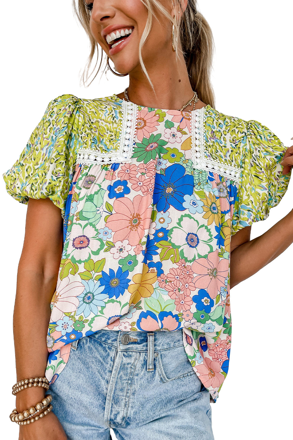 Rozerode bubbelmouw kantversiering bloemenmix blouse