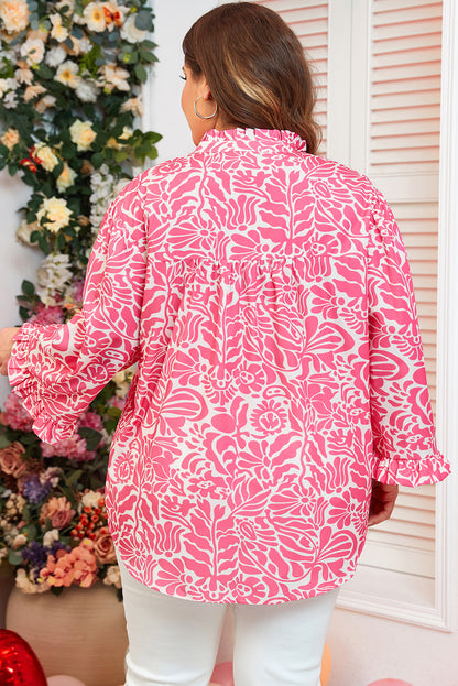 Roze plus-size bloemenprint top met geplooide hals en pofmouwen