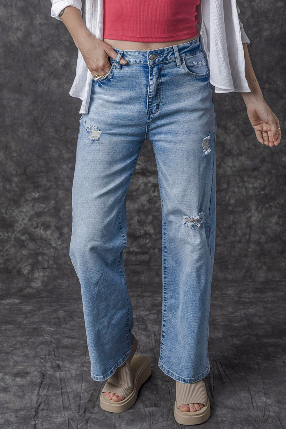 Lichtblauwe High Rise Distressed Straight Leg Jeans