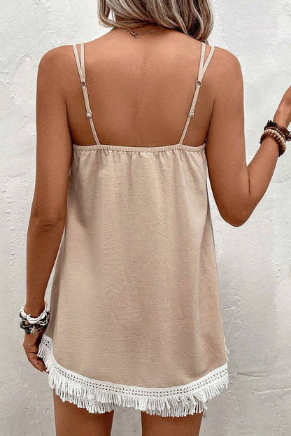 Pale Khaki Fringe Crochet Tank Top met dubbele bandjes en shorts set