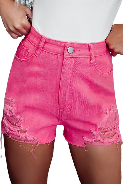 Rozen Versleten Slim Fit Hoge Taille Denim Shorts