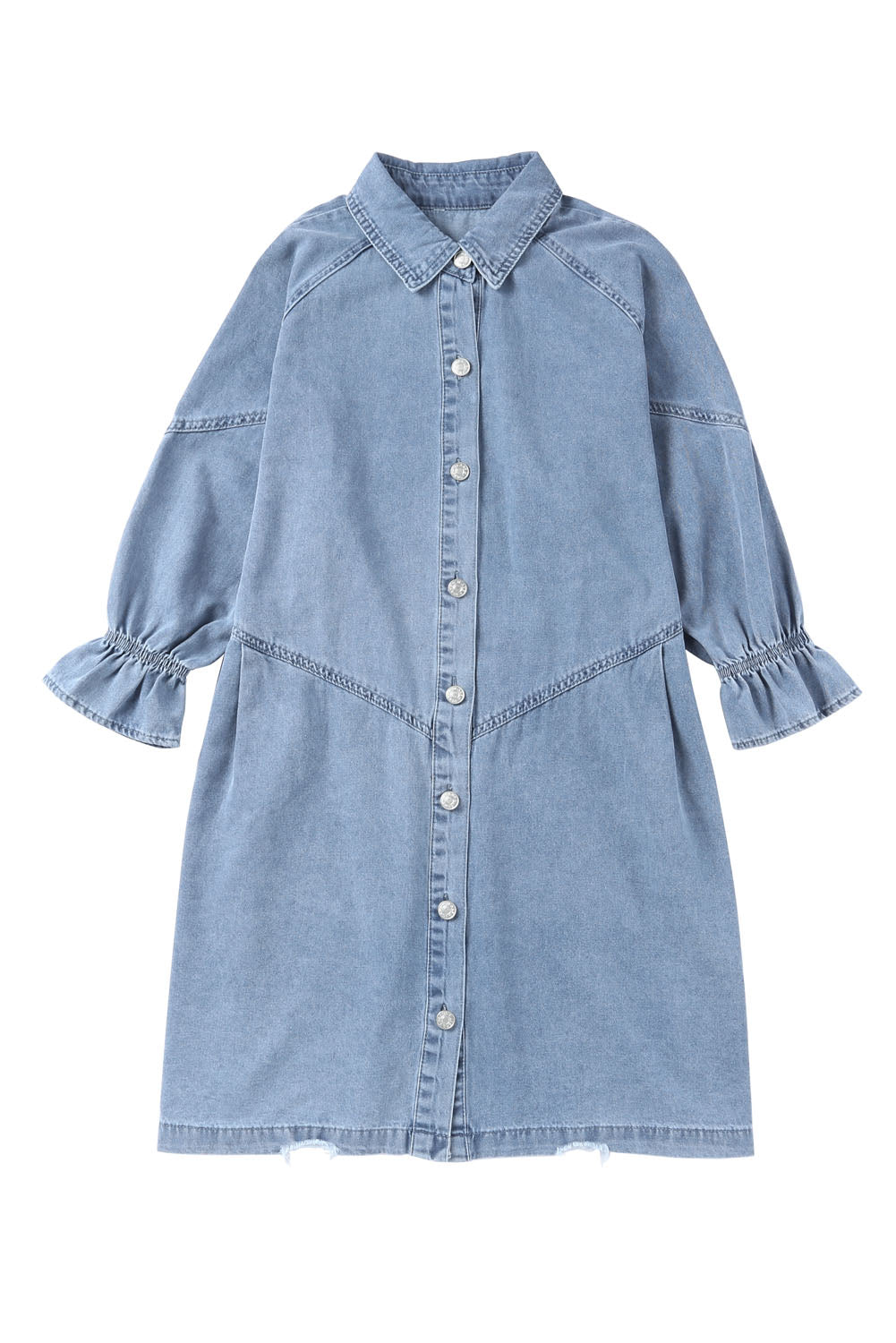 Hemelsblauwe geknoopte denim mini-jurk met lange mouwen