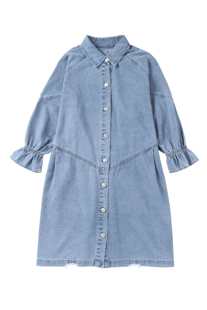 Hemelsblauwe geknoopte denim mini-jurk met lange mouwen