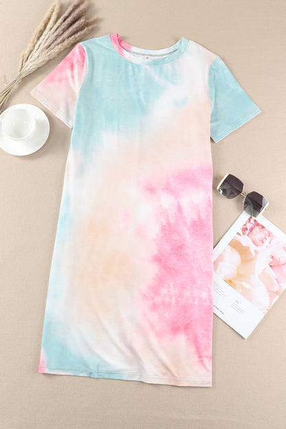 Multicolor Tie Dye Oversized Slit Tee Dress