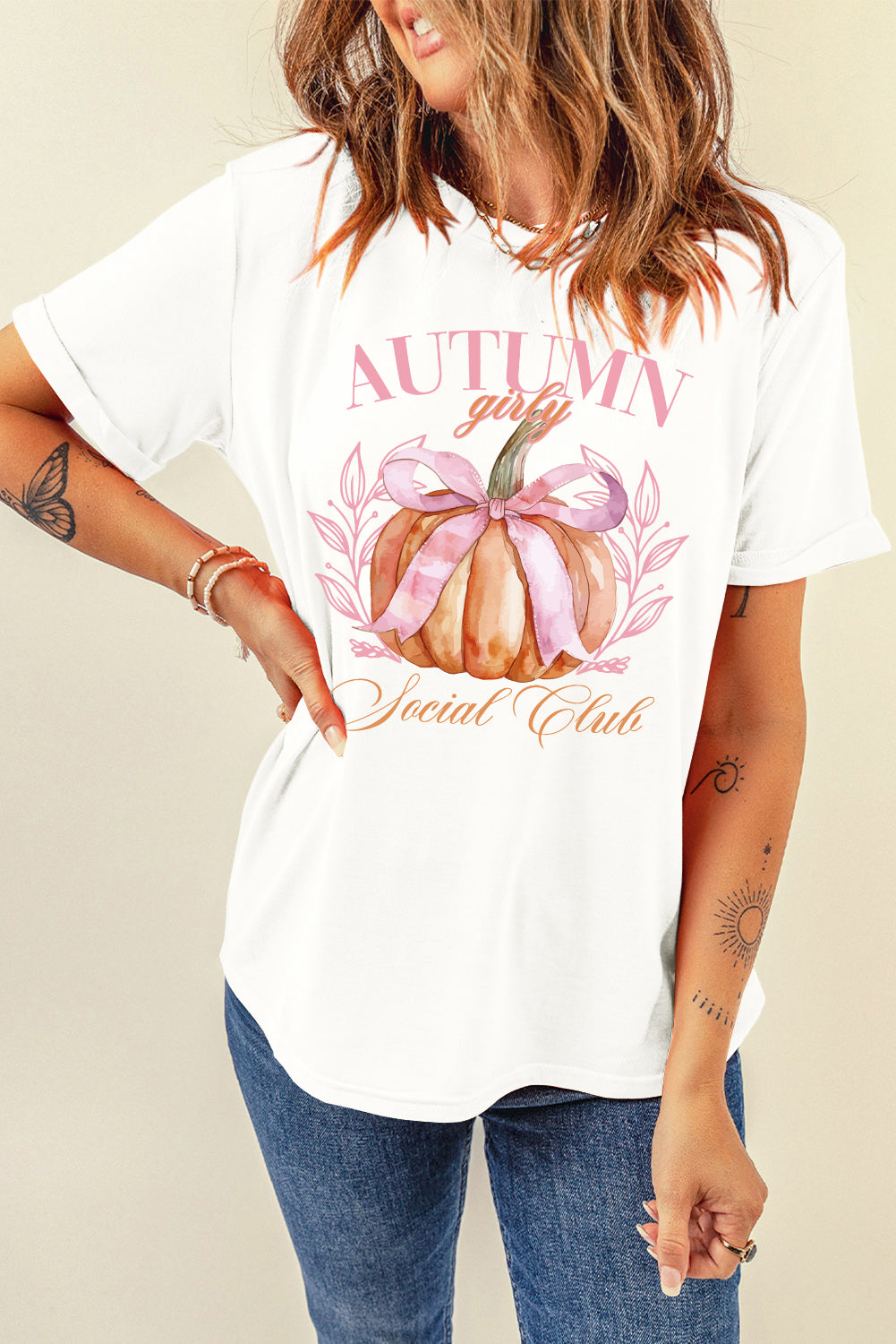 Witte herfst meisjesachtige Thanksgiving strik pompoen grafische T-shirt