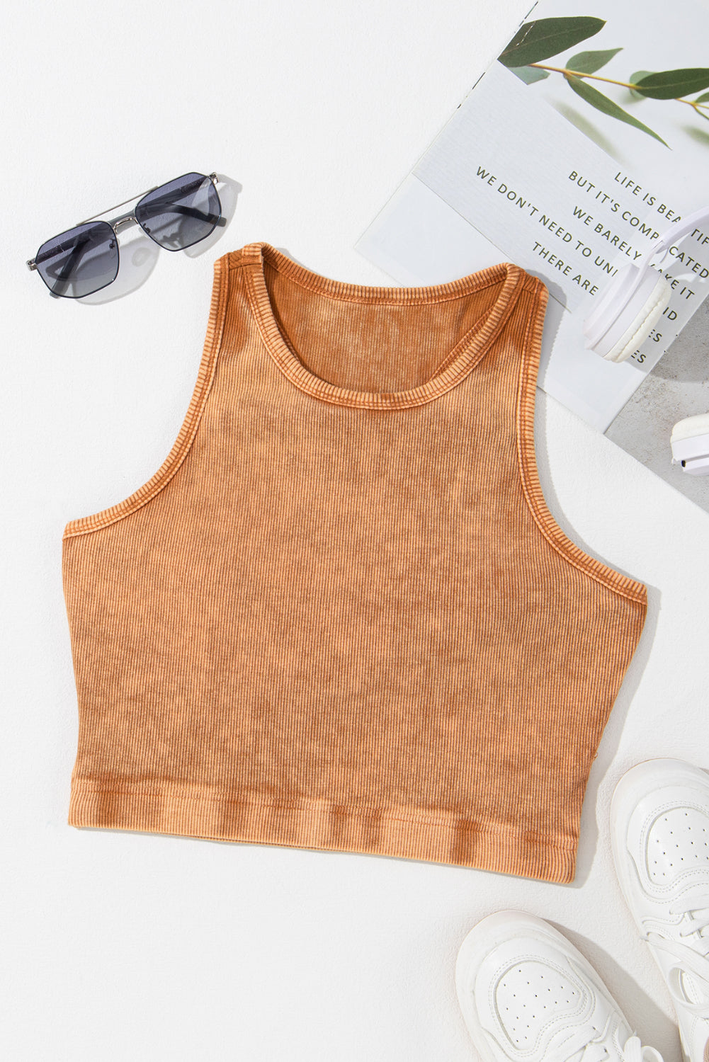 Black Ribbed Mineral Wash Racerback Cropped Tank Top