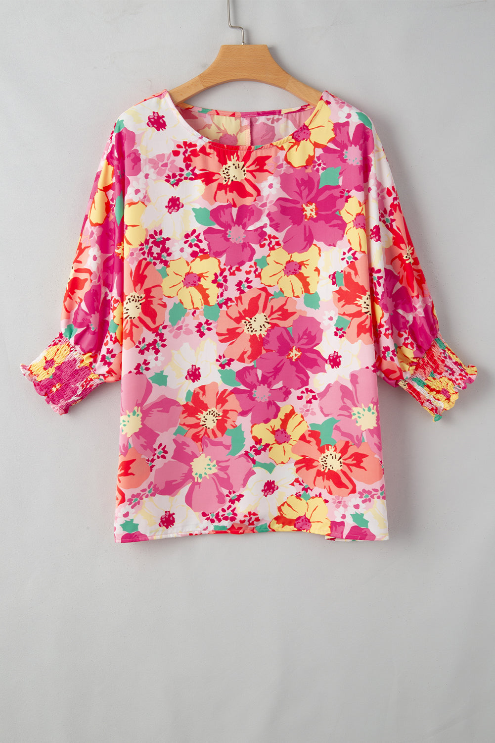 Roze geplooide manchetten 3/4 mouw bloemenblouse