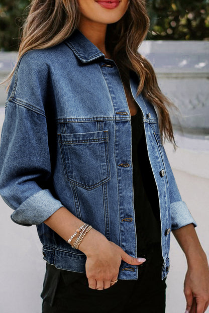 Blue Stripe Washed Oversize Pocketed Denim Jacket