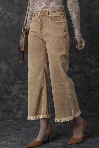 Lichte Franse beige acid washed high rise cropped wijde pijp jeans