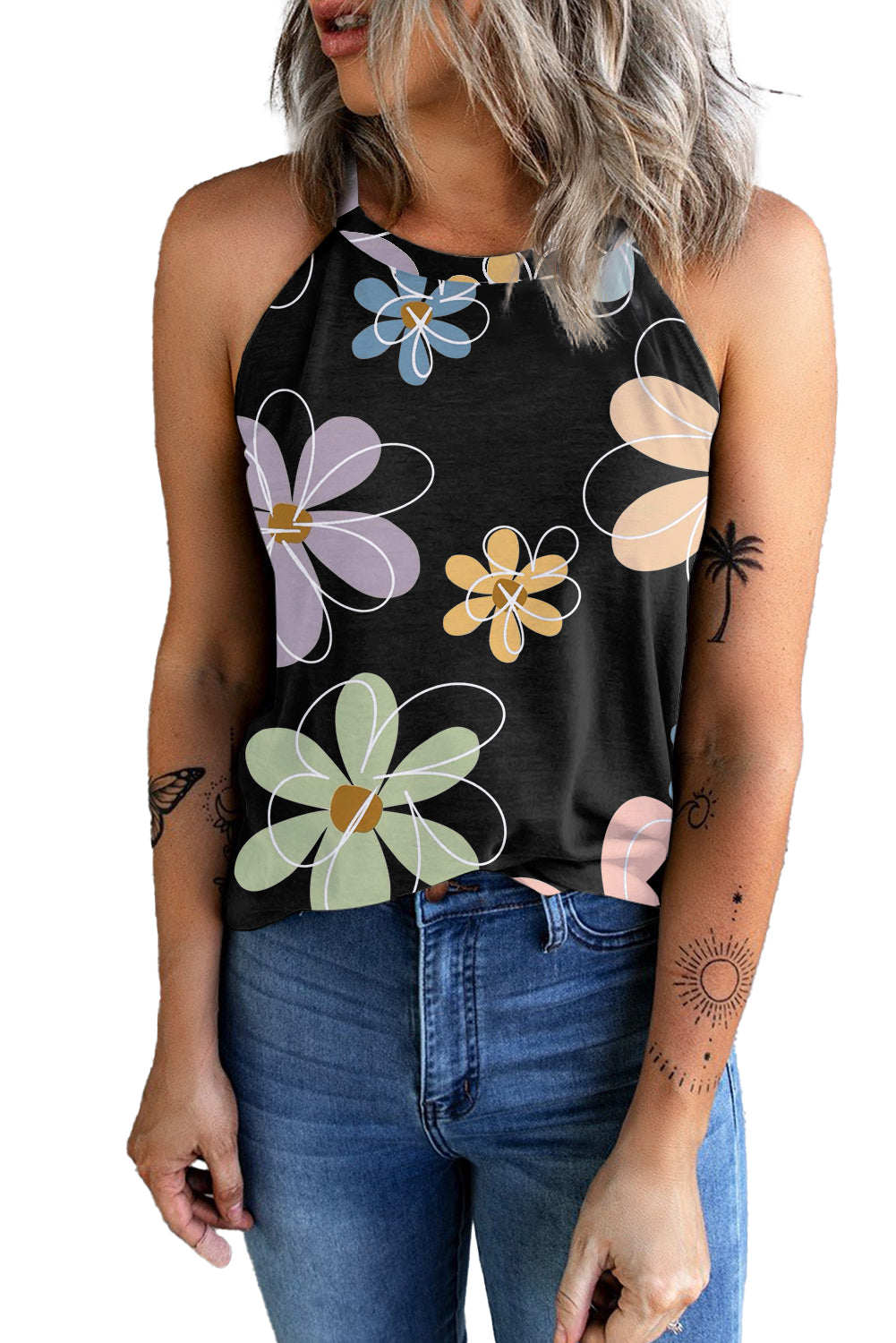 Beige Sweet Floral Tank Top