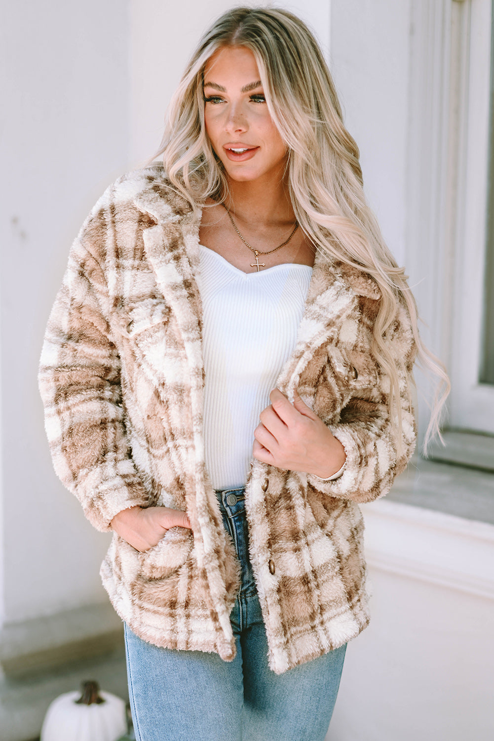 Khaki Sherpa Plaid-jas met knoopsluiting en zakken