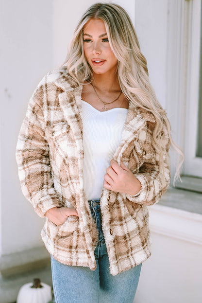 Khaki Sherpa Plaid-jas met knoopsluiting en zakken