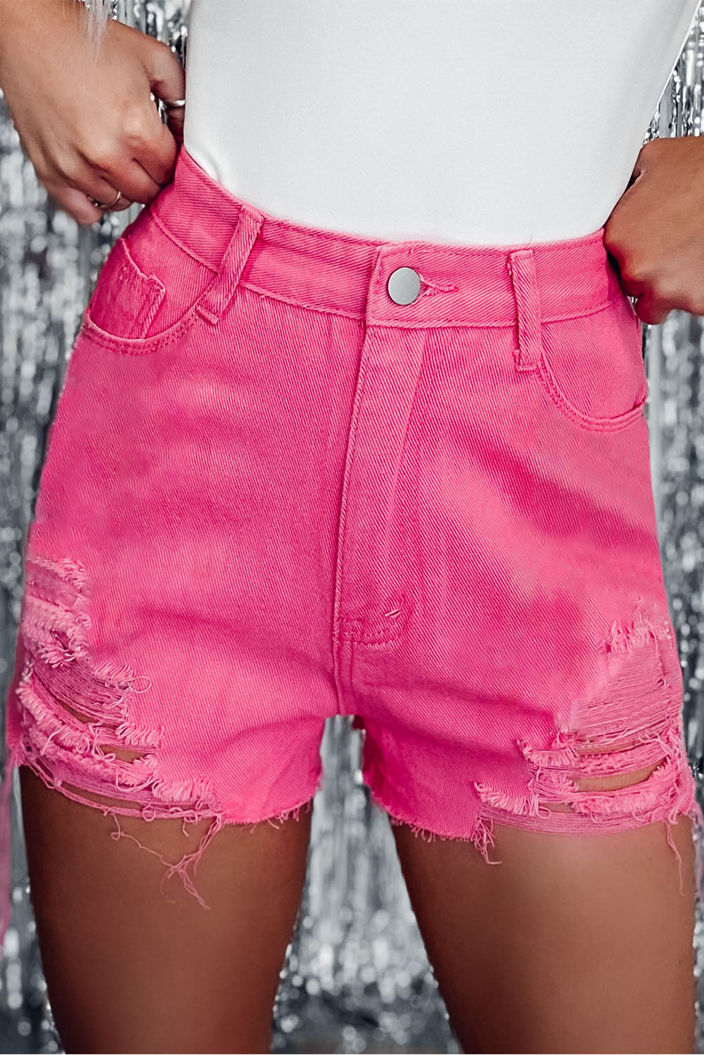 Rozen Versleten Slim Fit Hoge Taille Denim Shorts