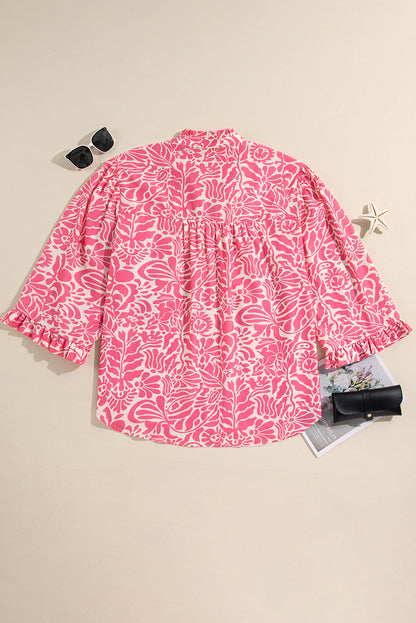 Roze plus-size bloemenprint top met geplooide hals en pofmouwen