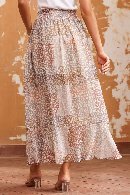 Abrikoos Boho Bloemenprint Gesmokte Taille Knoop Split Maxi Rok