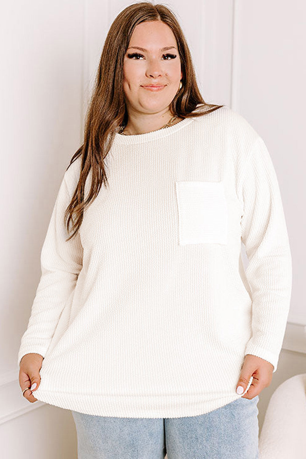 Wit Plus Size Geribbeld Getextureerd T-shirt met Lange Mouwen