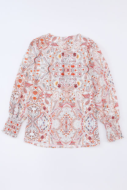 Vurig rode vintage boho print blouse met geplooide manchetten