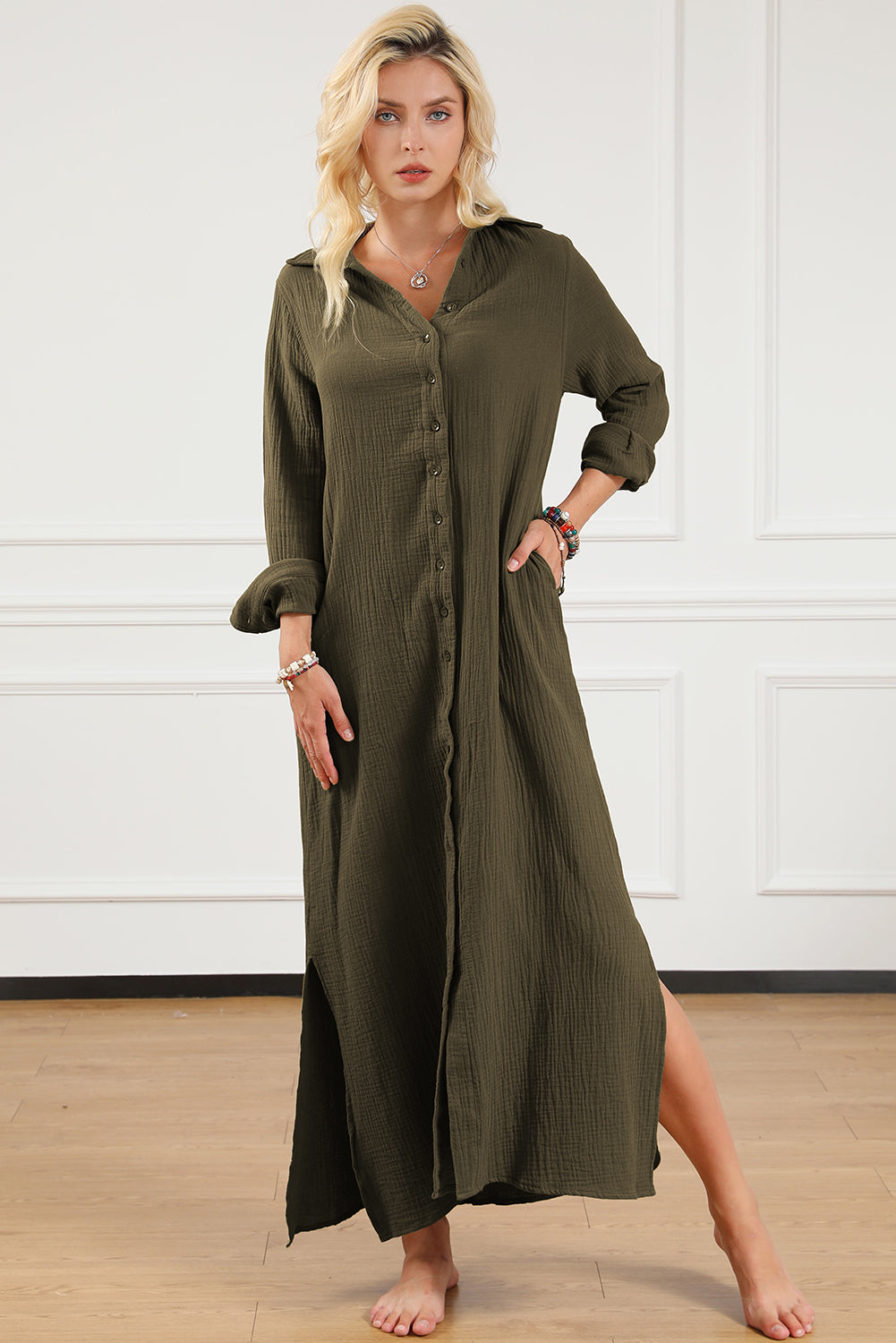 Groene gekreukte, casual split-shirt maxi-jurk met knopen