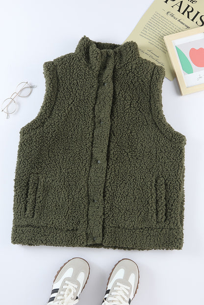 Khaki Sherpa vest met drukknoopsluiting en zakken