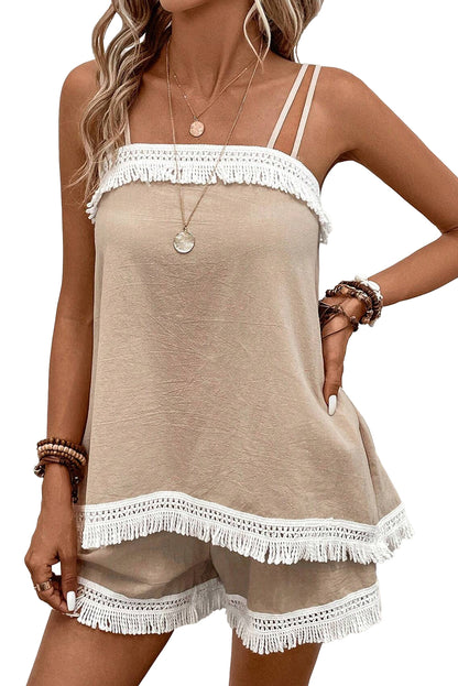 Pale Khaki Fringe Crochet Tank Top met dubbele bandjes en shorts set