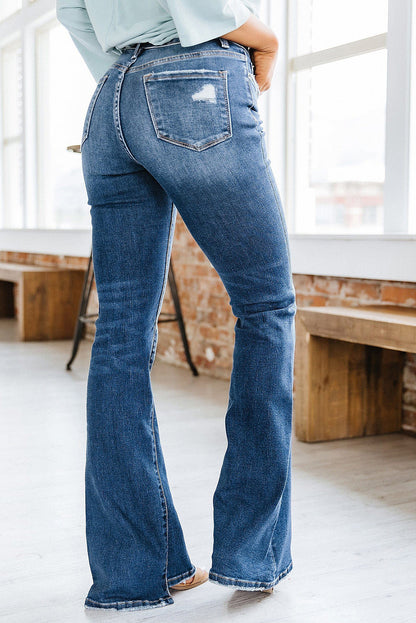 Hemelsblauwe medium wash high rise flare jeans