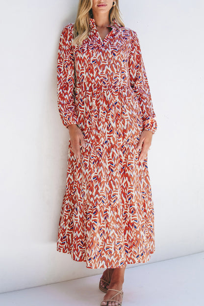 Oranje abstracte print V-hals geplooide hoge taille midi-jurk